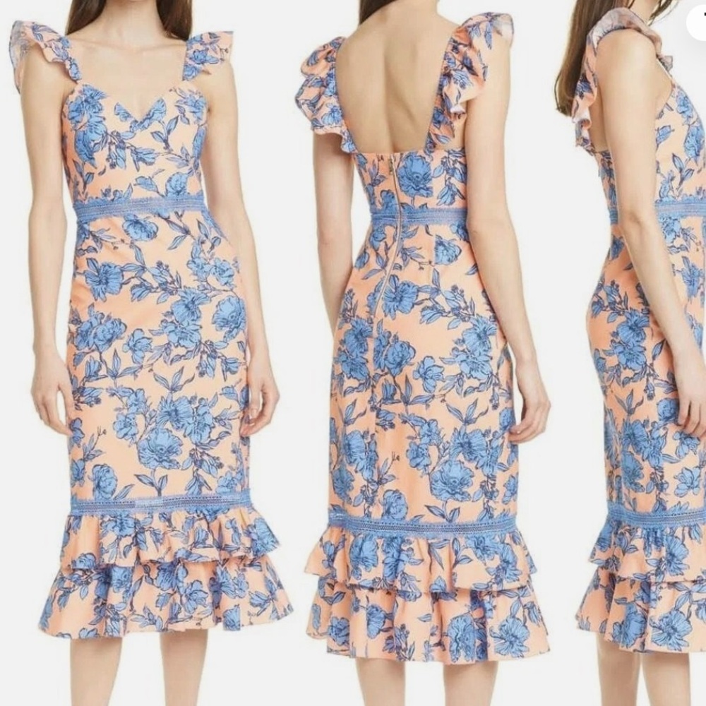 Alice & Olivia Jade Floral Ruffle Midi Dress in Peach and Blue